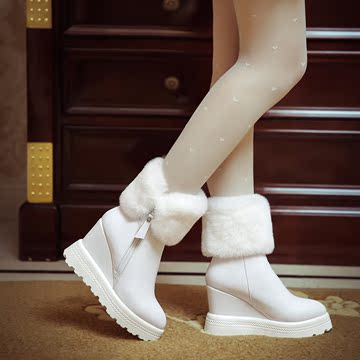 2016新款短靴女真皮圆头马丁靴坡跟短筒靴 优质獭兔毛厚底雪地靴