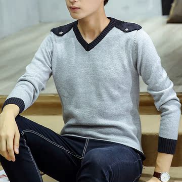 秋季新款男士毛衣 韩版修身V领学生外套男装青少年套头针织衫线衣
