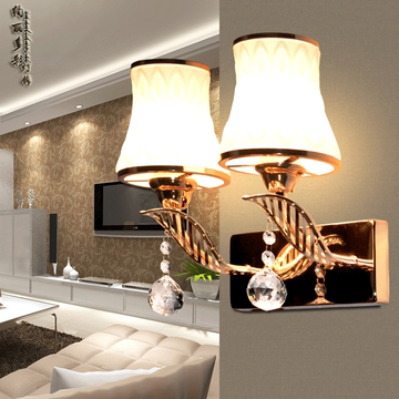 欧式K9水晶简约客厅卧室温馨床头灯创意树叶灯饰铁艺双头过道壁灯