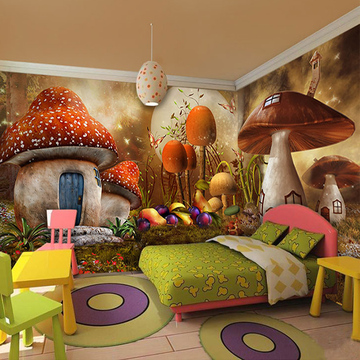 幼儿园壁画游乐场KTV主题壁纸3D卡通森林蘑菇屋动物墙纸儿童房