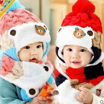 婴儿毛线帽冬季韩版男女童毛绒帽子围脖2件套 加绒加厚1-3岁帽子