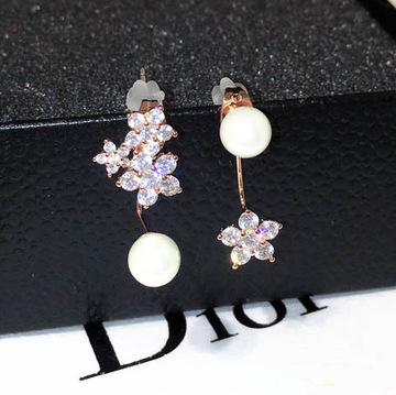 韩国时尚S925纯银针珍珠耳钉唯美小清新花朵耳环后挂式贝珠耳饰女