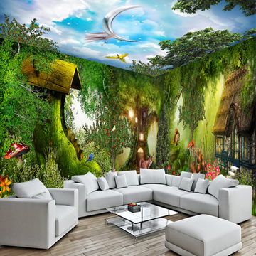 3D田园竹林植物壁纸绿色森林主题酒店壁画客厅天花板吊顶背景墙纸