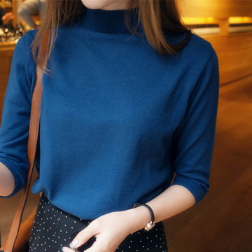 【现货】秋季新款韩国代购甜美修身纯色中袖半高圆领针织衫女套头