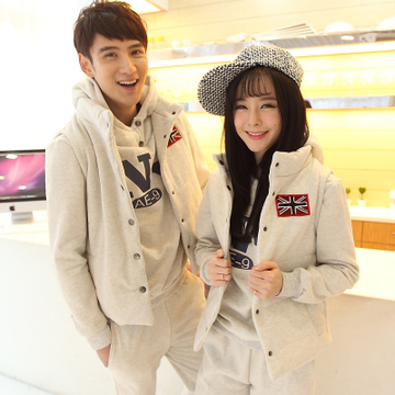 新款冬季韩版男女情侣装加厚加绒套头连帽卫衣三件套休闲套装长袖