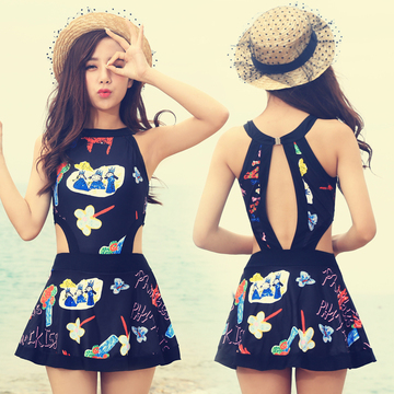 韩国泳衣少女涂鸦连体平角裙式钢托大小胸聚拢遮肚显瘦保守游泳装