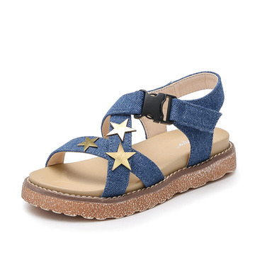 夏季儿童女童牛仔布中大童女童小女孩凉鞋韩版儿童宝宝沙滩鞋蓝色