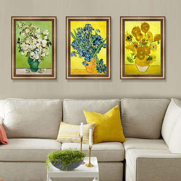 梵高玫瑰花欧式客厅三联画沙发背景墙挂画温馨植物花卉现代装饰画