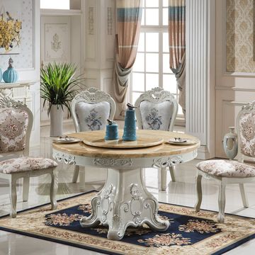 欧式大理石雕花圆形餐桌 现代法式描金银高档白色橡木一桌8椅餐桌