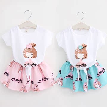 女童夏装新款印花卡通女孩宝宝短T+裙子套装儿童短袖短裙套韩版潮
