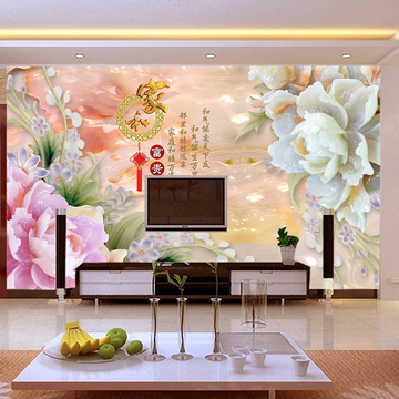 3D立体中式玉雕电视背景墙无缝壁纸壁画客厅卧室电视墙布
