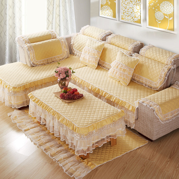 沙发垫子全纯棉黄色四季秋冬纯色田园花边欧式皮沙发罩套布艺防滑