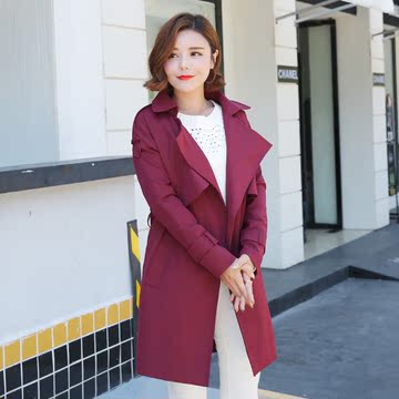 2016秋季新款韩版长袖风衣女士大码时尚西装领绑带大衣外套女上衣