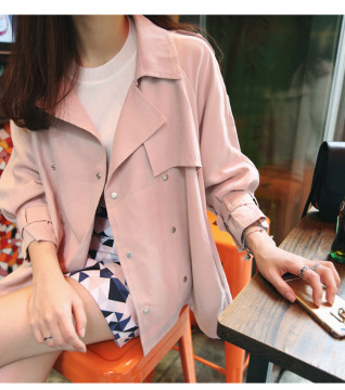 粉色风衣外套女薄宽松学生韩版简约纯色2016秋装新款开衫双排扣