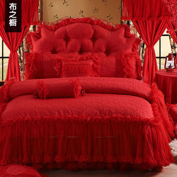 结婚床上用品四件套 全棉蕾丝贡缎大红被套床裙六八件套 婚庆床品