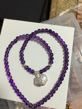 天然4MM净体紫水晶搭配合金银锁包双圈手链
