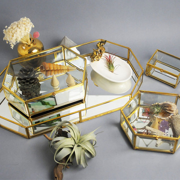 复古vintage设计展示六边形玻璃首饰盒珠宝首饰收纳玻璃黄铜托盘