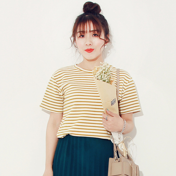 2016春季新款女装 韩版文艺条纹针织短袖显瘦横条纹百搭t恤 包邮