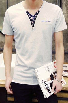 韩版夏季男士亚麻短袖T恤血桖学生体恤青少年半袖潮流V领男装衣服
