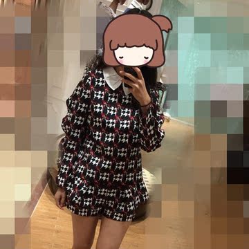 B4女装2015秋季新款 两件套千鸟格衬衫+短裤韩版显瘦长袖套装0.4