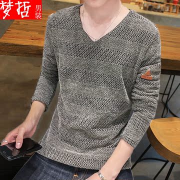 秋冬季男士长袖V领针织T恤男韩版青年潮流男装简约修身体恤衫衣服