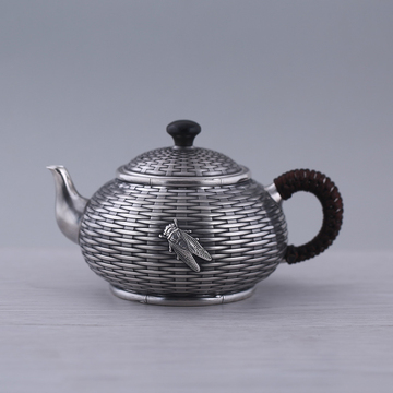 新款日本99纯银高档银壶茶壶烧水壶纯手工功夫茶具 知足常乐