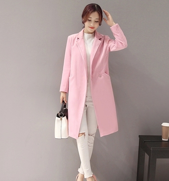 2016新款女装秋季韩版中长款呢子外套纯色简约冬装薄款时尚风衣