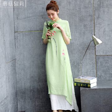 优质棉麻连衣裙中国风手绘素麻仙女裙女短袖盘扣民族风