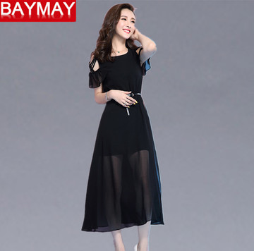 连衣裙baymay2016夏季新款高端l圆领性感收腰气质开叉雪纺长裙潮