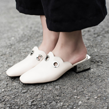 韩版2016夏季粗跟懒人凉拖鞋室外包头中跟方头时尚半拖白色女鞋子